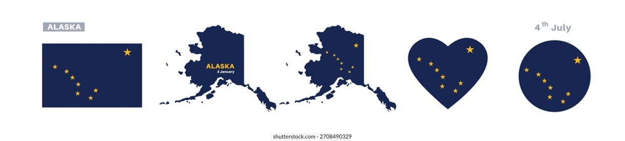 Alaska-Flagge und Kartensatz. Amerikanische Staatsflaggen in offiziellen Farben und Proportionen. 3. Januar Feiern, Karten, Kreise und Herzen von Alaska.