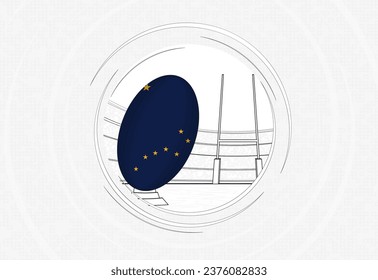 Alaska flag on rugby ball, lined circle rugby icon with ball in a crowded stadium. Vector sport emblem on abstract background.