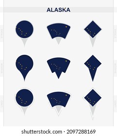 Alaska flag, set of location pin icons of Alaska flag. Vector illustration of national symbols.