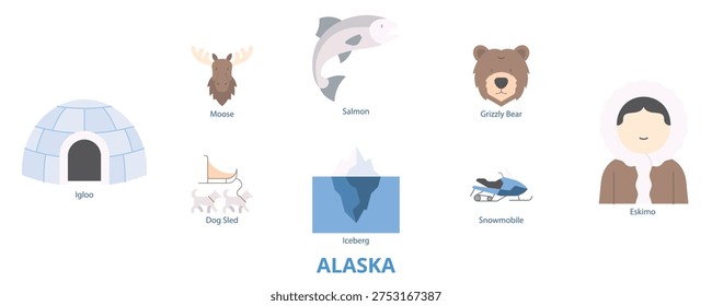 Alaska Flat Icons Vector - Iceberg, Moose, Grizzly Bear, Dog Sled, Igloo, Snowmobile, Eskimo