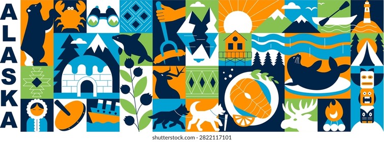 Alaska Geometric Pattern and Banner with Travel, Holiday and Vacation Symbols, Arctic Nature, Wildlife, Mountains and Tourism Mosaic Elements, Vector Illustration