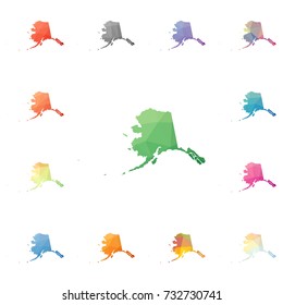 Alaska geometric polygonal, mosaic style US state maps collection. Bright abstract tessellation, low poly style, modern design. Alaska polygonal maps for your infographics or presentation.