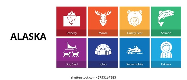 Alaska Glyph Solid Icons Vector - Iceberg, Moose, Grizzly Bear, Dog Sled, Igloo, Snowmobile, Eskimo