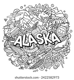 Ilustración del doodle de dibujos animados hecha a mano por Alaska. Gracioso diseño del Estado de EEUU. Fondo vectorial de arte creativo. Texto manuscrito con elementos y objetos. Composición de arte de línea