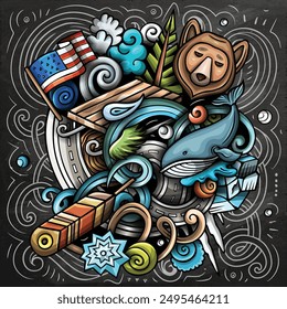 Alaska hand drawn cartoon doodle illustration. Funny USA State design. Creative art vector background. Colorful chalkboard composition