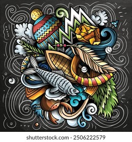 Alaska hand drawn cartoon doodle illustration. Funny USA State design. Creative art vector background. Colorful chalkboard composition