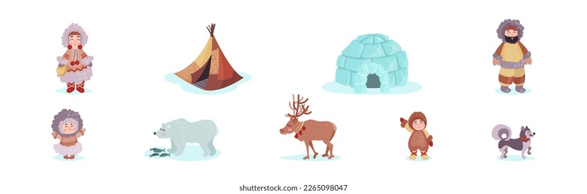 Alaska con caracteres inuit o esquimales felices, animales y conjunto de vectores de igloo