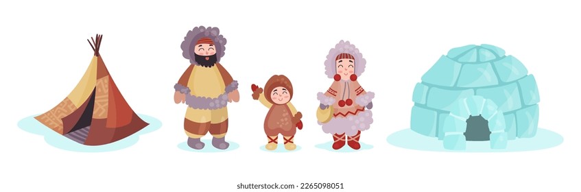 Alaska with Happy Inuit or Eskimo Character and Igloo Vector Set