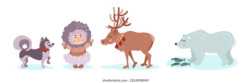 Alaska with Happy Inuit or Eskimo Girl Character and Animals Vector Set