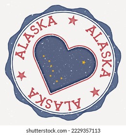 Alaska heart flag logo. US state name text around Alaska flag in the shape of a heart. Radiant vector illustration.