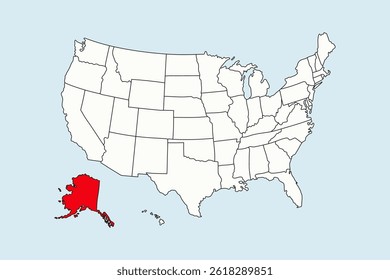 Alasca destacado no mapa dos EUA isolado sobre fundo azul