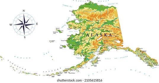 Alaska highly detailed physical map 