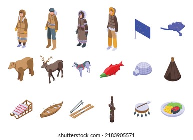 Alaska icons set isometric vector. Animal seal. Walrus igloo