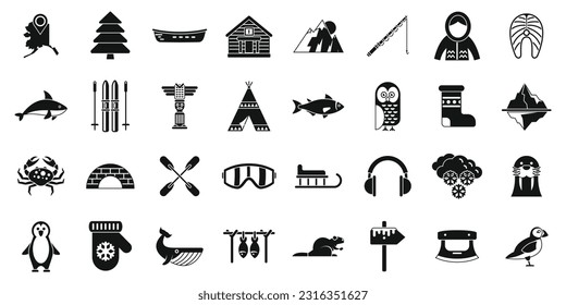 Alaska icons set simple vector. Sled dog. People igloo