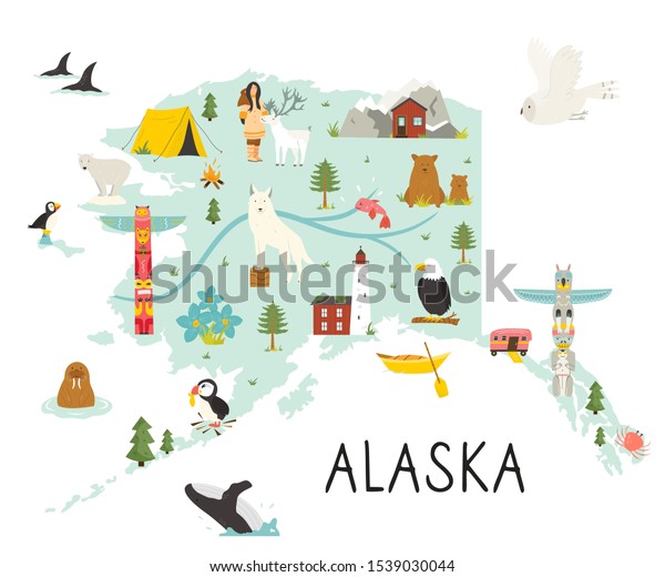 Alaska Illustrated Map Animals Nature Landmarks Stock Vector (Royalty ...