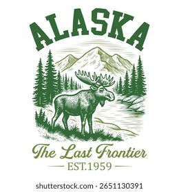 Alaska The Last Frontier - US State Vintage T-shirt Vector, USA States Cityscape Landmark Icons, American State Typography Shirt, USA Skyline Clipart, Retro travel city illustration
