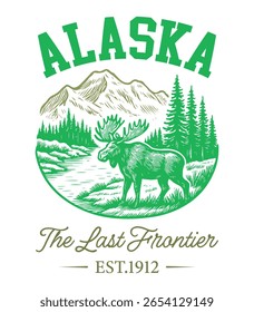 Alasca A Última Fronteira - Estados Unidos Estado Cityscape T-shirt Vetor, Ícones americanos de referência, Vintage Estados Cityscape Camisa, Retro Travel City Art, Estados Landmark Quotes, Estado Vacation Illustration