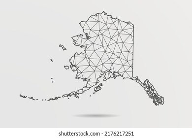Mapa de Alaska - Resumen de la línea de purga y las escalas de puntos sobre el fondo blanco con el mapa de Estados Unidos. Malla 3D del marco de cables línea de red poligonal, esfera de diseño, punto y estructura - Ilustración vectorial eps 10