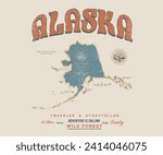 Alaska map. Adventure at the mountain graphic artwork for t shirt and others. Mountain with sunset and river. Life is great. Alaska mountain national park. Mountain with tree vintage print design. 