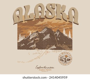 Alaska map. Adventure at the mountain graphic artwork for t shirt and others. Mountain with tree vintage print design. Mountain with sunset and river. Life is great. Alaska mountain national park. 