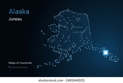 Alaska Map with a capital of Juneau Shown in a Microchip Pattern. Silicon valley, E-government. United States vector maps. Microchip Series	