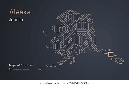 Alaska Map with a capital of Juneau Shown in a Microchip Pattern. Silicon valley, E-government. United States vector maps. Microchip Series	