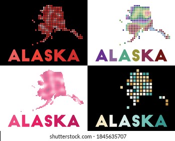 Alaska map. Collection of maps of Alaska in dotted style. Borders of the US state filled with rectangles for your design. Vector illustration.