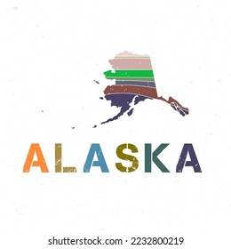 Alaska map design. Shape of the US state with beautiful geometric waves and grunge texture. Artistic vector illustration.
