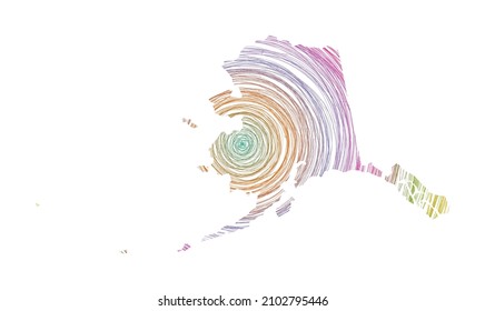 Alaska map filled with concentric circles. Sketch style circles in the shape of the US state. Vector Illustration.