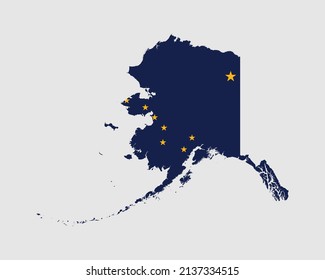 Bandera del mapa de Alaska. Mapa de Alaska, EEUU con la bandera estatal de Alaska. Banner de los Estados Unidos, América, Estados Unidos de América, Estados Unidos de América, AK State. Ilustración vectorial.