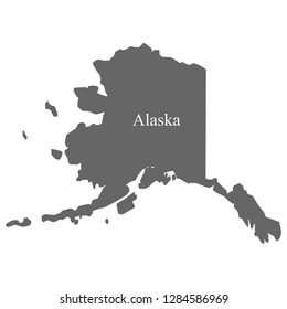Alaska map, gray with white country name letters on the map.