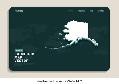 Alaska map green background with isometric vector. Web banner layout template.