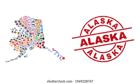 Alaska map mosaic and grunge Alaska red circle seal. Alaska seal uses vector lines and arcs. Alaska map mosaic contains helmets, houses, showers, suns, wine glasses, and more icons.