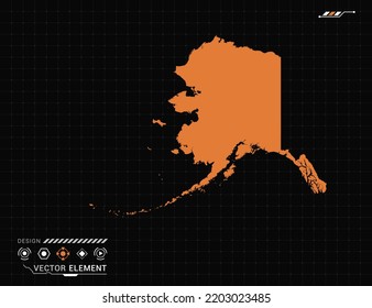 Alaska map of orange digital frame HUD, GUI, UI interface technology radar vector.