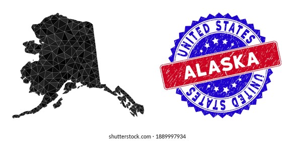 Alaska map polygonal mesh with filled triangles, and distress bicolor stamp. Triangle mosaic Alaska map with mesh vector model, triangles have various sizes, and positions, and color tinges.