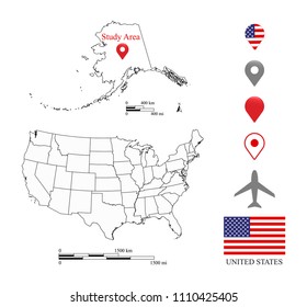Alaska map scale. USA map scale miles and kilometers. United States map vector outline. USA flag and navigation pointer icons. A creative map for educational purposes
