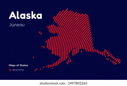 Alaska Map in Spiral Formation: Juneau Takes Center Stage. Fingerprint and stripes pattern. American states maps.