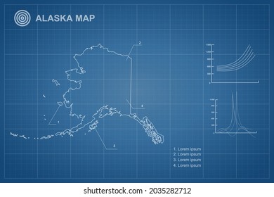 Alaska map - State of USA Map International vector template with outline style and white color isolated on blueprint background - Vector illustration eps 10