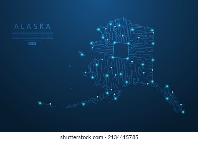 Alaska Map - United States of America Map vector with Abstract futuristic circuit board. High-tech technology mash line and point scales on dark background - Vector illustration ep 10