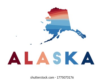 Alaska map. Map of the US state with beautiful geometric waves in red and blue colors. Vivid Alaska shape. Vector illustration.