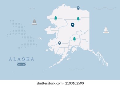 Alaska Map - USA States of America Map vector template High detailed with white color isolated on blue background including simple point of location, tree, boat icon - Vector illustration eps 10
