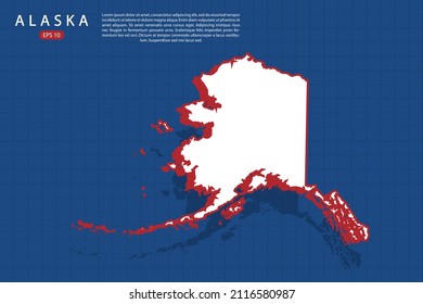 Alaska Map - USA, United States of America map vector template with isometric style with white and red color including shadow on Blue grid background - Vector illustration eps 10