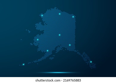 Alaska Map - USA, United States of America Map vector template with dots, halftone style and light, network line, design sphere on blue technology background -  Vector illustration ep 10