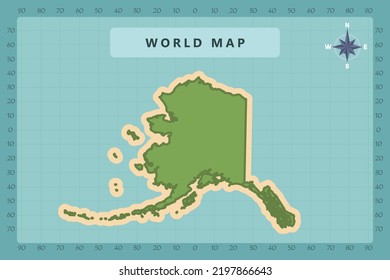 Alaska Map - USA, United States of America Map vector template High detailed with green and cream color isolated on blue background including Compass Rose icon - Vector illustration eps 10