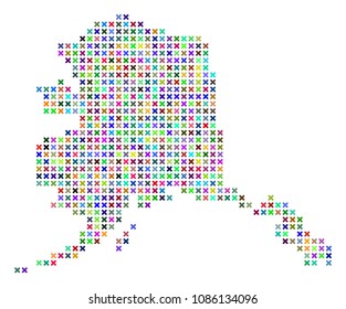 Alaska map. Vector mosaic of geographic plan. Regular pattern is designed of x-cross pixels in random colors. Abstract pixelated Alaska map designed for political and economical posters.