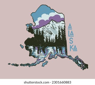 alaska mountain lake vector illustration, mountain camping graphic print, alaska map drawing, outdoor camping artwork for t shirt, sticker, poster
