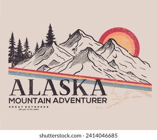 Alaska mountain national park. Adventure at the mountain graphic artwork for t shirt and others. Mountain with tree vintage print design. Mountain with sunset and river. Life is great. Explore more.