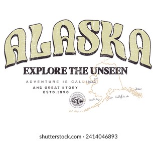 Alaska mountain national park. Adventure at the mountain graphic artwork for t shirt and others. Mountain with tree vintage print design. Mountain with sunset and river. Life is great. Explore more.