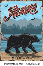 Alaska national park colorful vintage poster with bear walking on coast of lake on forest and mountains landscape vector illustration