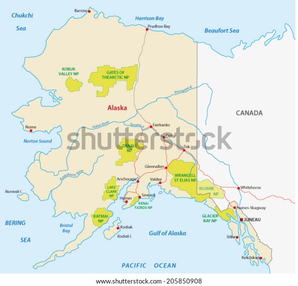Alaska National Park Map Stock Vector Royalty Free 205850908
